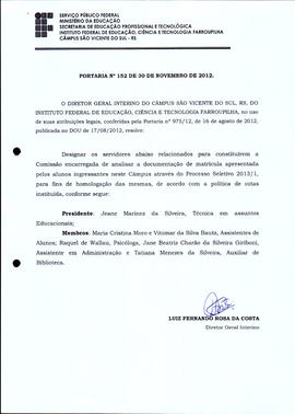 Portaria IFFAR\SVS nº 152/2012