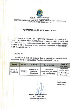 Portaria IFFAR\SVS nº 063/2018
