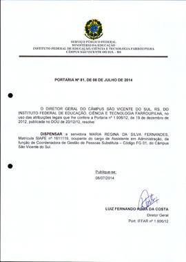 Portaria IFFAR\SVS nº 081/2014