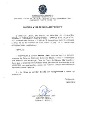 Portaria IFFAR\SVS nº 132/2015