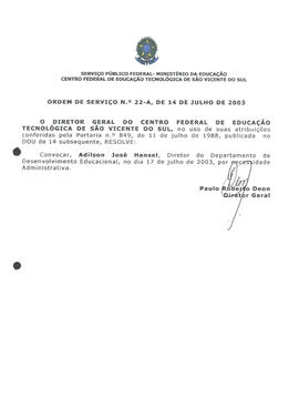 Ordem de serviço CEFETSVS nº 22-A/2003