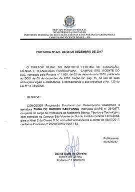 Portaria IFFAR\SVS nº 327/2017