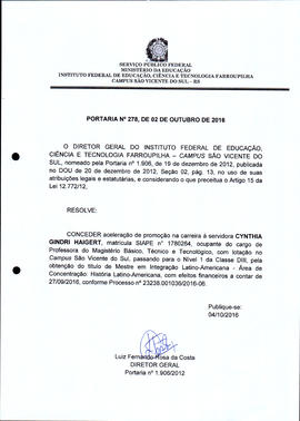 Portaria IFFAR\SVS nº 278/2016