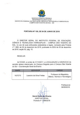Portaria IFFAR\SVS nº 109/2018