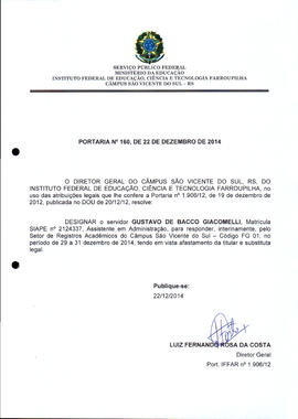 Portaria IFFAR\SVS nº 160/2014