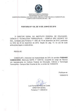 Portaria IFFAR\SVS nº 136/2016