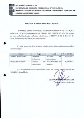 Portaria IFFAR\SVS nº 052/2012
