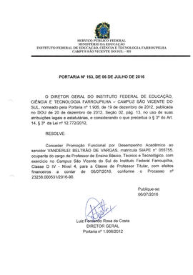 Portaria IFFAR\SVS nº 163/2016