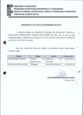 Portaria IFFAR\SVS nº 005/2012