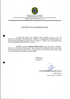 Portaria IFFAR\SVS nº 063/2014