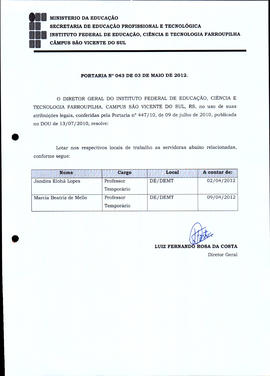 Portaria IFFAR\SVS nº 043/2012