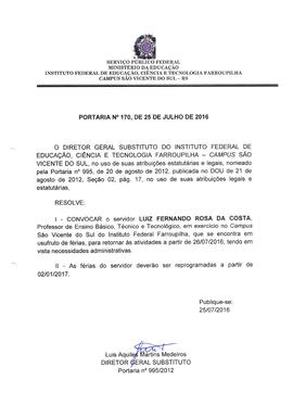 Portaria IFFAR\SVS nº 170/2016