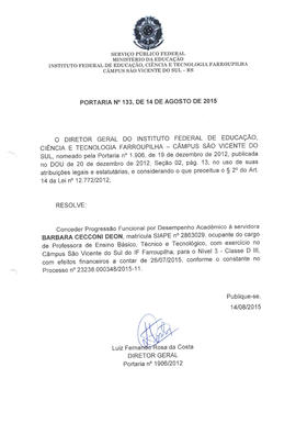 Portaria IFFAR\SVS nº 133/2015