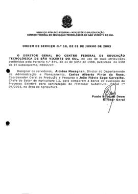 Ordem de serviço CEFETSVS nº 18/2003
