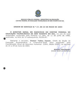 Ordem de serviço CEFETSVS nº 17/2003