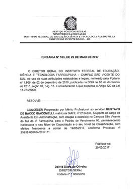 Portaria IFFAR\SVS nº 103/2017