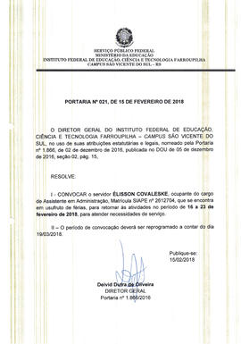 Portaria IFFAR\SVS nº 021/2018