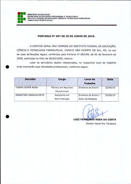 Portaria IFFAR\SVS nº 097/2010