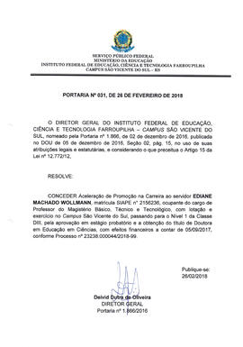 Portaria IFFAR\SVS nº 031/2018