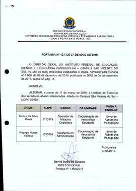 Portaria IFFAR/SVS nº 127/2019