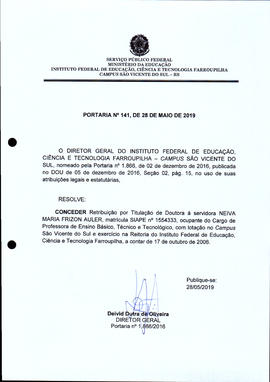 Portaria IFFAR/SVS nº 141/2019