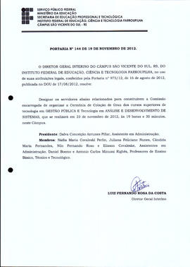 Portaria IFFAR\SVS nº 144/2012