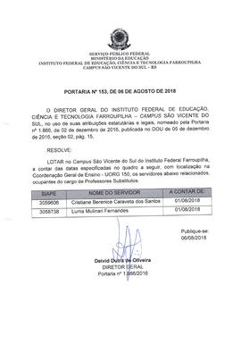 Portaria IFFAR\SVS nº 153/2018