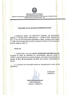 Portaria IFFAR\SVS nº 016/2018