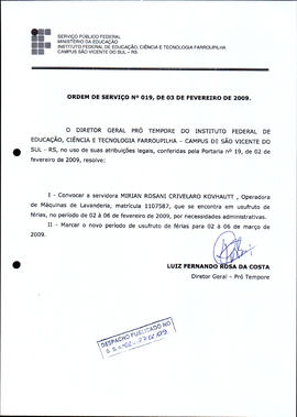 Ordem de Serviço IFFAR/SVS nº 019/2009