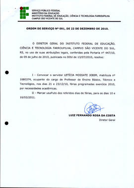 Ordem de Serviço IFFAR\SVS nº 091/2010