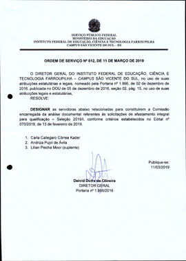 Ordem de Serviço IFFAR/SVS nº 012/2019