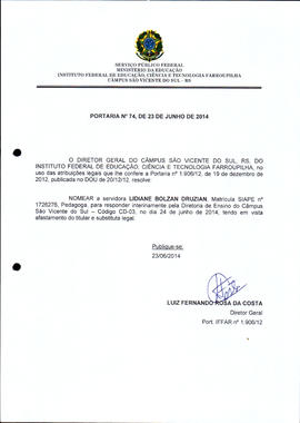 Portaria IFFAR\SVS nº 074/2014