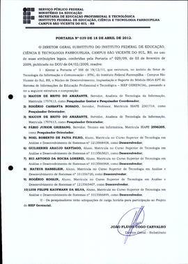 Portaria IFFAR\SVS nº 039/2012