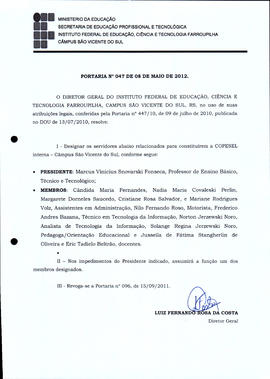 Portaria IFFAR\SVS nº 047/2012