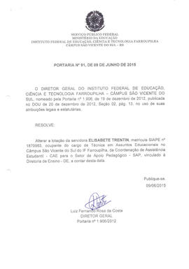 Portaria IFFAR\SVS nº 091/2015