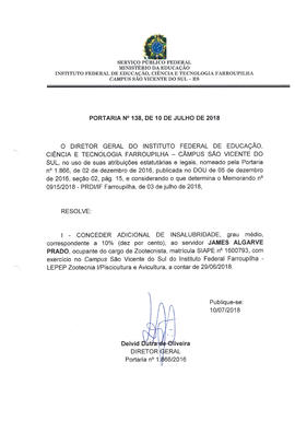Portaria IFFAR\SVS nº 138/2018