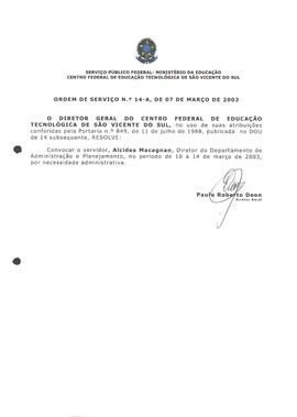 Ordem de serviço CEFETSVS nº 14-A/2003