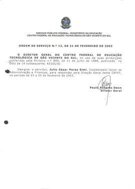 Ordem de serviço CEFETSVS nº 13/2003