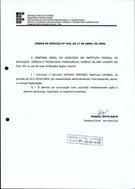 Ordem de Serviço IFFAR/SVS nº 039/2009