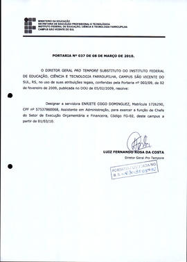 Portaria IFFAR\SVS nº 037/2010