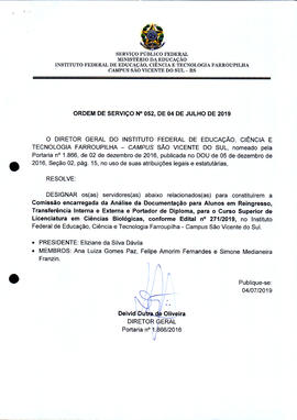 Ordem de Serviço IFFAR/SVS nº 052/2019