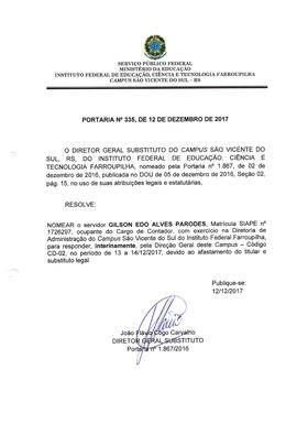 Portaria IFFAR\SVS nº 335/2017