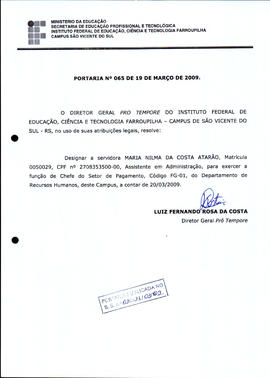 Portaria IFFAR\SVS nº 065/2009