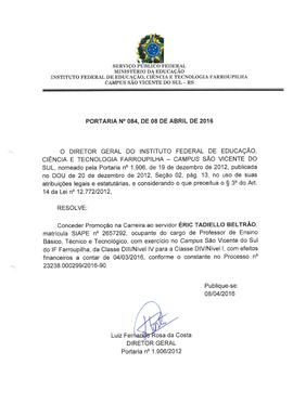 Portaria IFFAR\SVS nº 084/2016