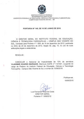 Portaria IFFAR\SVS nº 149/2016