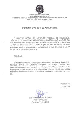 Portaria IFFAR\SVS nº 075/2015
