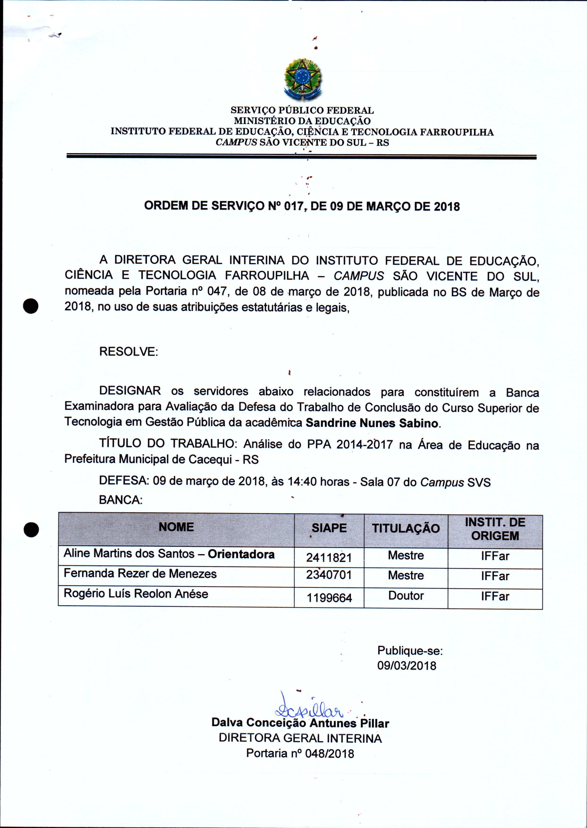 Ordem De Serviço Iffarsvs Nº 0172018 Iffsvs Arquivo 6488