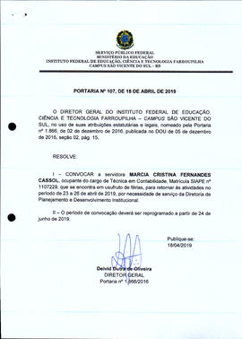 Portaria IFFAR/SVS nº 107/2019