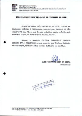 Ordem de Serviço IFFAR/SVS nº 025/2009