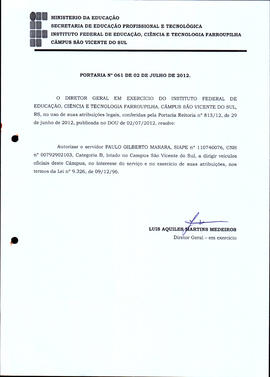 Portaria IFFAR\SVS nº 061/2012